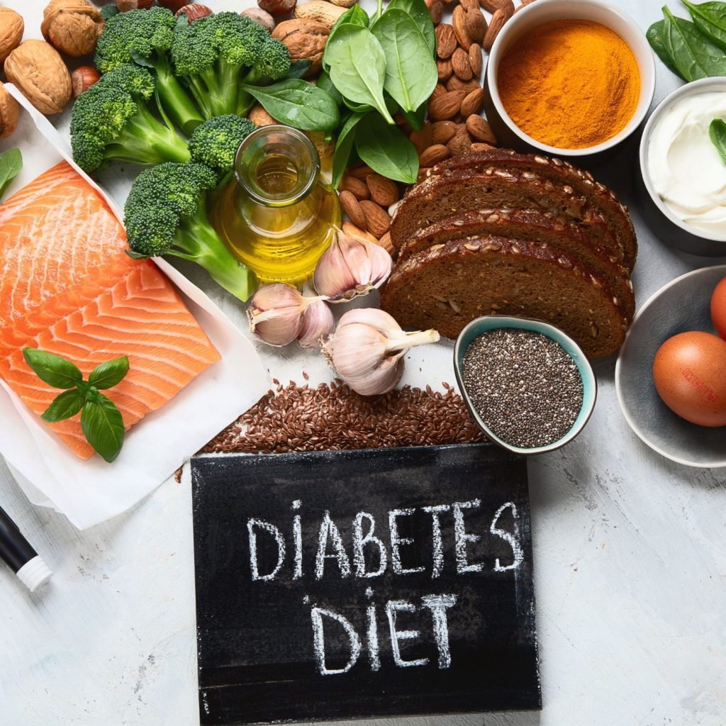 An image showing food items for diabetes diet.