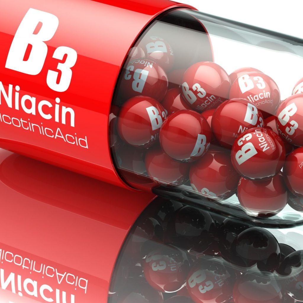 Vitamin B3 capsule. Pill with Niacin or nicotinic acid.